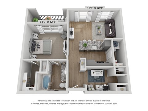 Floor plan for 1 bed, 1 bath, 803 sqft